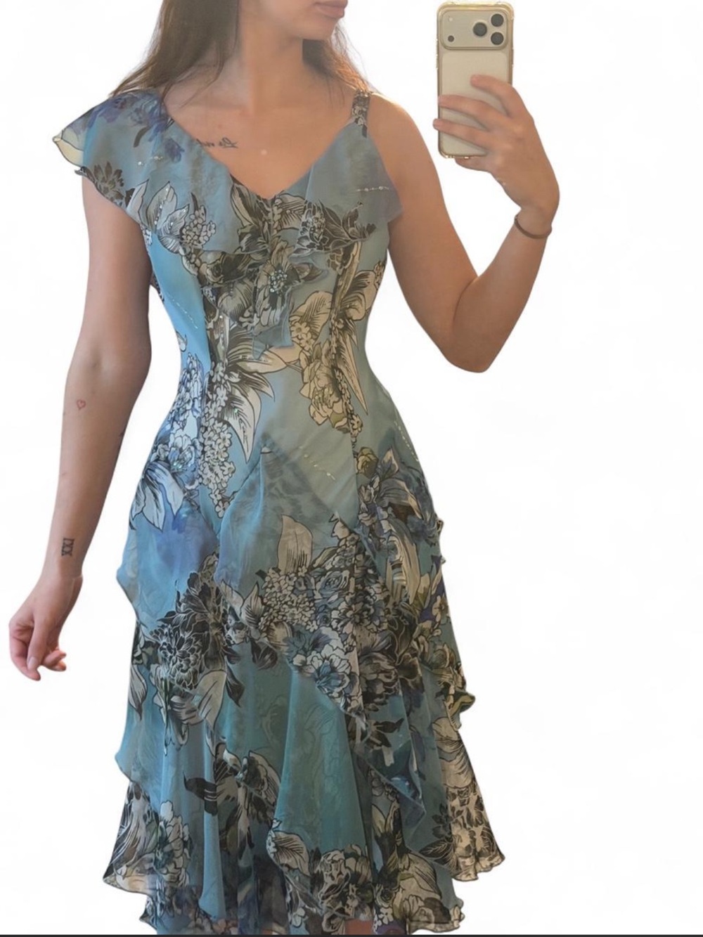 Dress Barn One-Shoulder Blue Floral Ruffled embroidered Maxi Dress fairy dress